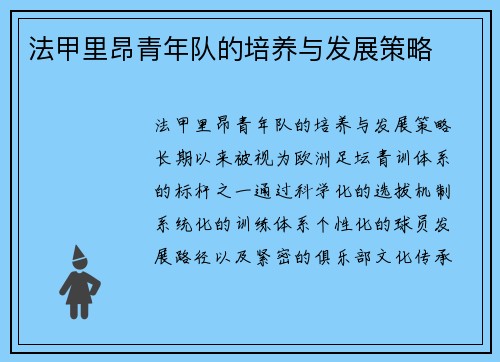法甲里昂青年队的培养与发展策略